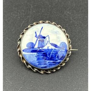 Antique Delft Blue White Porcelain Sterling Brooch Windmill Design Artist Signed